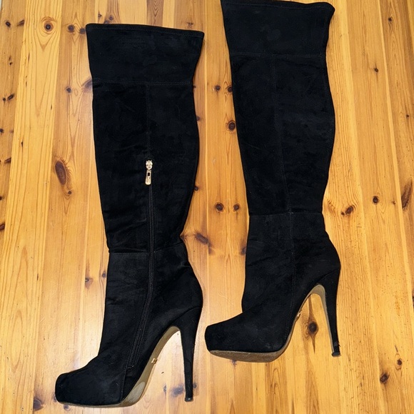 Platform bebe Black Suede Thigh High Boots - Picture 2 of 9